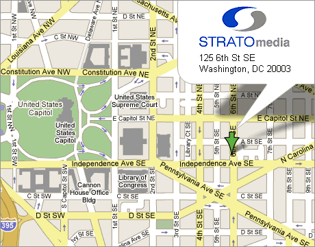 Офис компании «Stratomedia, Inc.» находится в центре Вашингтона, в непосредсвенной близости от Конгресса США и Библиотеки Конгресса США.